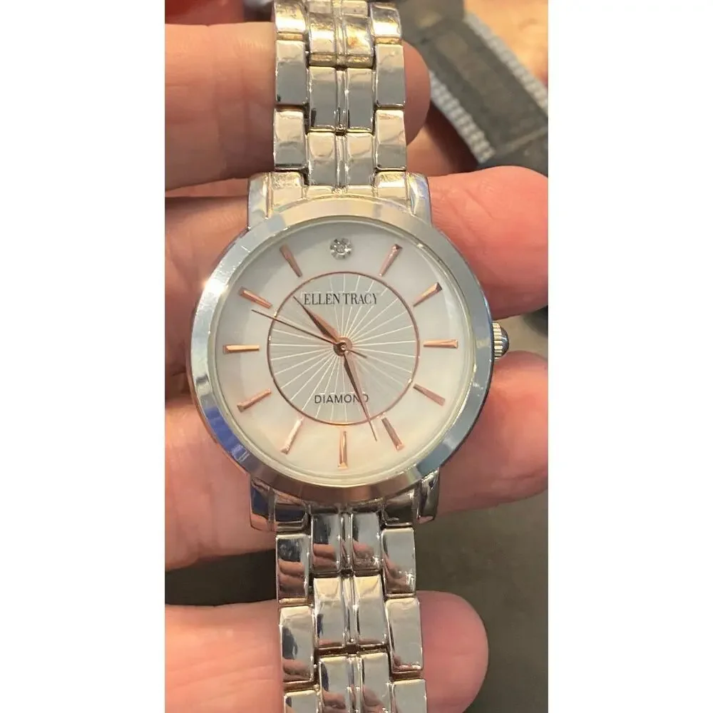 Women's 35mm Silver Tone Ellen Tracy Diamond Watch, Mop Face